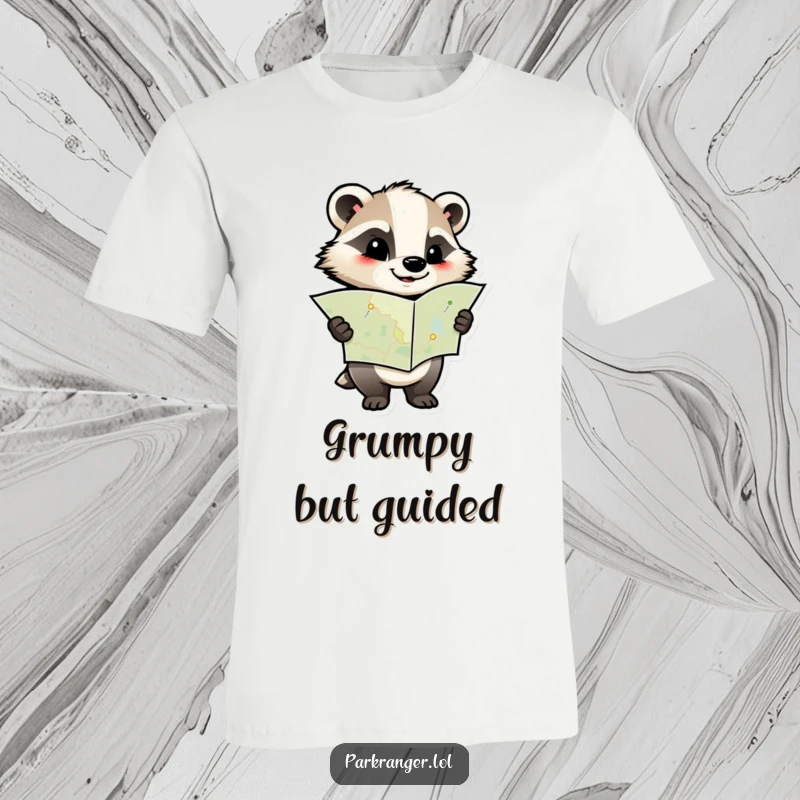 Funny t-shirt showcasing a determined badger character holding a map, embodying a focused and humorous spirit for adventurers and planners.