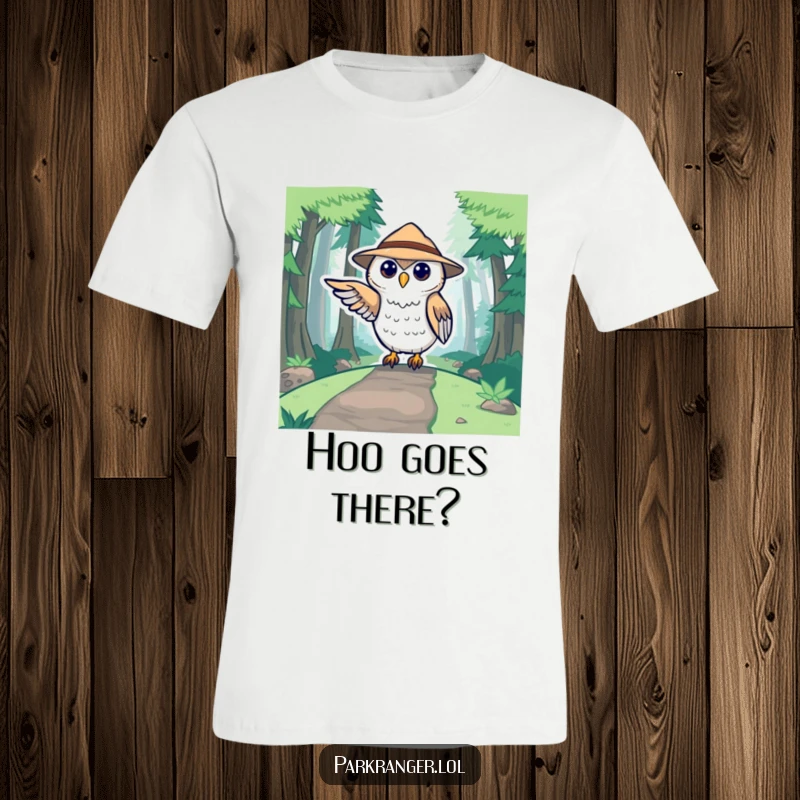 Funny t-shirt showing a cute stylized owl wearing a ranger hat, pointing a wing towards a forest path, a woodland adventure theme.