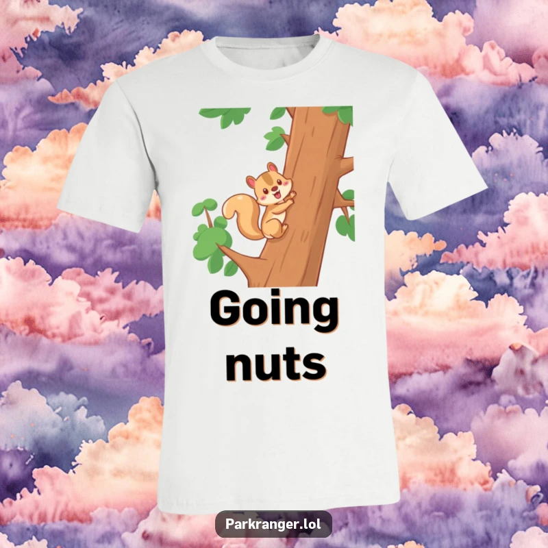 Funny t-shirt showcasing a cheerful squirrel character climbing a tree, embodying energy, ambition, and a humorous approach to life's challenges.