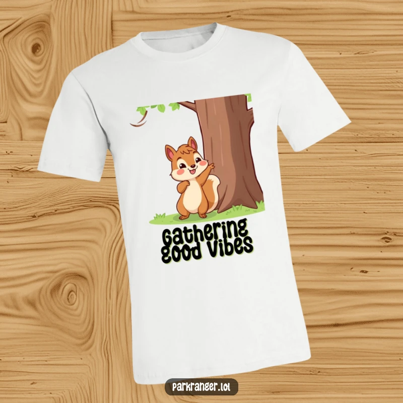 Funny T-Shirt with a happy squirrel character pointing towards a tall tree, symbolizing discovery and excitement.
