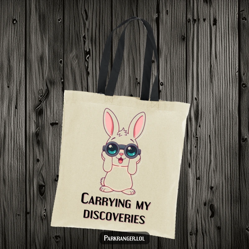 Funny tote bag featuring a playful rabbit character with binoculars, blending practicality with humor for carrying essentials and observing life.