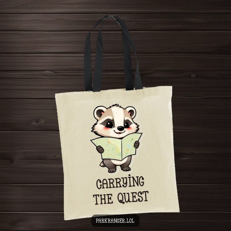 Funny tote bag featuring a determined badger character holding a map, blending practicality with humorous planning for everyday adventures.